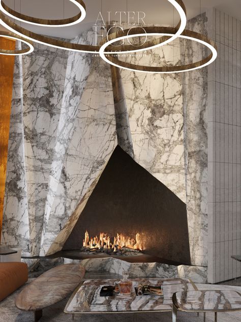 This modern wall fireplace is crafted from the highest quality marble and features a uniquely bespoke form for a one-of-a-kind look. The oversized marble slabs feature a sleek and minimalistic design that will fit perfectly into any contemporary space. The perfect combination of luxury and modernity. ALTER EGO Project Group is an internationally acclaimed, multi-award-winning architecture and interior design firm. Featured in Forbes, company’s top work attracts A-list clientele. Contemporary Fireplace Designs, Luxury Fireplace, Hearth Stone, Modern Living Room Interior, Marble Fireplace, The Penthouse, Home Design Inspiration, Luxury Marble, Toilet Design