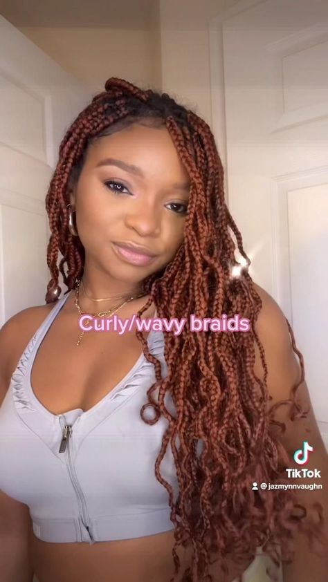 how to curl braids, how to get wavy braids, wavy braids, curly braids, red braids, black girl hair, black girl braids Wavy Box Braids Hairstyles, Prom Box Braids Hairstyles, How To Curl Your Box Braids, Black Ginger Braids, Curled Braids For Black Women, Wavy Box Braids Black Women, Wavy Knotless Box Braids, Curling Box Braids, How To Curl Box Braids