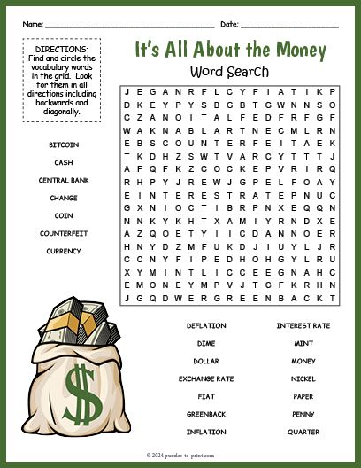 Free Word Search Puzzles Printables, Free Printable Money, Wordsearches For Kids Free Printable, Magic Squares Math, Word Puzzles For Adults Printable, Money Puzzles, Challenging Word Search Free Printable, Making Change, Puzzle Worksheet