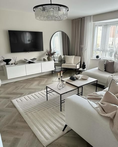 Grey Flooring Living Room, Classy Living Room, Beige Living Rooms, Apartment Living Room Design, Black Living Room, Deco Salon, Neutral Living Room, Home Design Living Room, Apartment Decor Inspiration