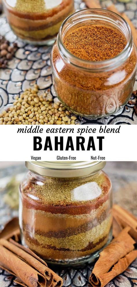 Baharat spice blend is warm, aromatic, and easy to make. This multipurpose homemade mix is the best to spice up all your delicious middle eastern recipes. Takes only a few minutes to make and is easy to store. Try this recipe to flavor a variety of recipes such as lamb, beef, chicken, stews, soups, pilafs, vegetables and more. #baharat #middleeasternrecipe #spiceblend Thai Spice Blend Recipe, Turkish Spice Blend Recipe, Berbere Spice Recipes, Spice Bag Recipe, Herbalist Apothecary, Baharat Recipe, Chicken Stews, Middle Eastern Recipes Arabic Food, Mujadara Recipe