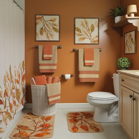 Bathroom Fall Decor Ideas 😍🧡🧡 Restroom Decor Ideas Colors, Burnt Orange Bathroom Walls, Rust Color Bathroom, Tan And Gray Bathroom, Burnt Orange Bathroom Ideas, Blue And Orange Bathroom, Orange Bathroom Walls, Burnt Orange Bathroom, Orange Bathroom Ideas