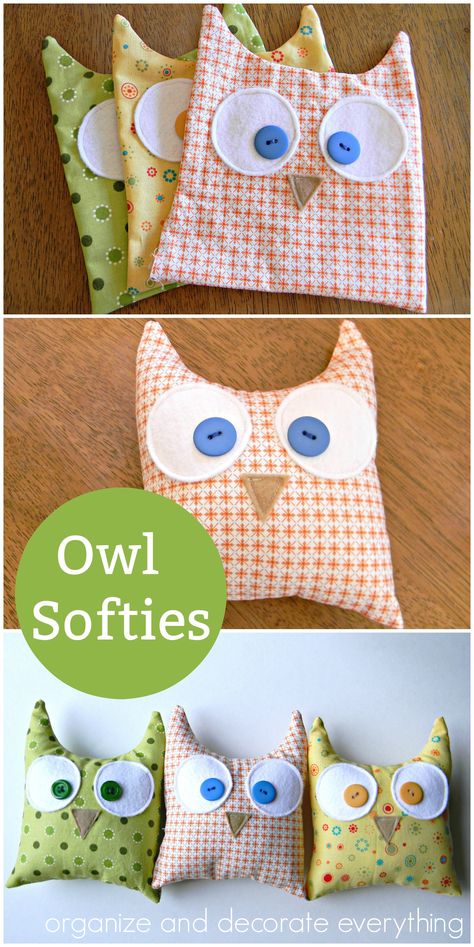 make owl softies using a simple shape and a variety of fabrics you probably already have Easy Scrap Fabric Stuffed Animals, Simple Fabric Toys, Owl Pillows To Sew, Easy Hand Sewn Stuffed Animals, Fabric Owls To Make, Easy Fall Sewing Projects, Easy Sewing For Kids, Owl Pillow Pattern, Easy Fabric Crafts