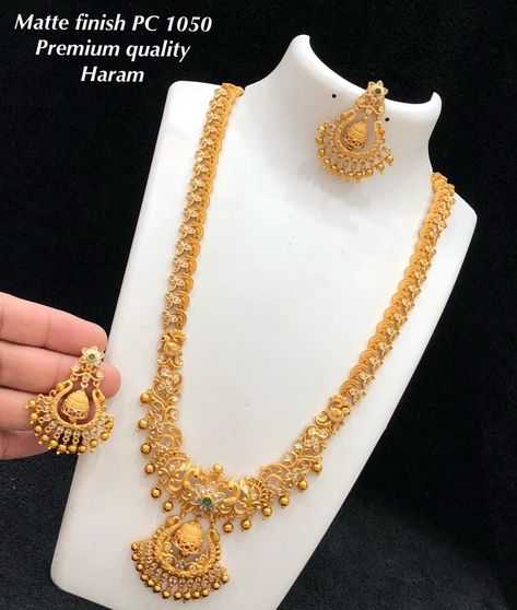 #onegramgold #temple jewelry available at Arshi's..  for bookings whatsapp on 9486115312. worldwide shipping Gold Haram Designs, Ruby Necklace Designs, Indian Gold Necklace Designs, Haram Designs, Temple Jewelry Necklace, Long Haram, Delicate Gold Jewelry, Bridal Necklace Designs, Gold Jewels Design