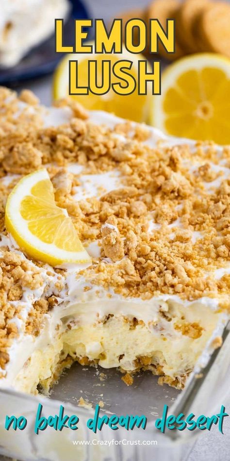 Summer Lemon Desserts, Golden Oreo Crust, Lemon Lasagna, Lemon Lush Dessert, Lemon Icebox Cake, Lush Dessert, Lush Cake, Lush Recipes, Lemon Lush