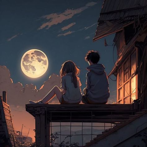 Two People, Scenery Wallpaper, Anime Scenery, Cute Anime, The Moon, Roof, Moon, Wallpapers, Instagram Photos