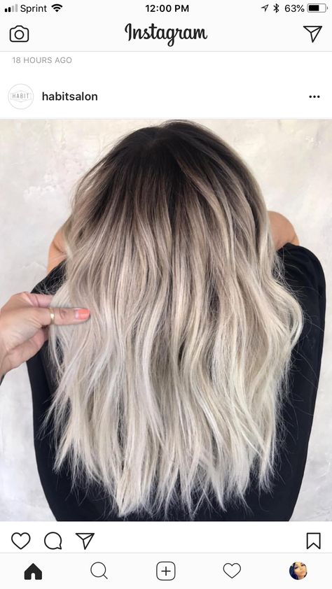 Balayage Hair Dark Roots Ash Blonde, Shadow Root With Ash Blonde, Ombre Hair Color For Blondes Dark Roots, Shadow Root Ombre, Ice Baylage Hair, Dark Melted Roots Blonde Ombre, Icy Blonde Color Melt, Blonde Hair Dark Roots Medium Length, Shadow Root Blonde Dark Roots