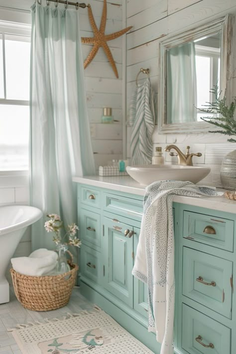 Ocean Restroom Decor, Sea Salt Sand Room, Sea Bathroom Ideas, Mermaid Themed Bathroom, Mermaid Bathroom Ideas, Sea Themed Bathroom, Bathroom Beach Theme, Ocean Themed Bathroom, Beach Themed Bathroom