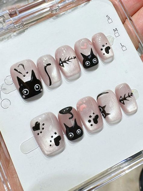 Just so cute >< Cat Design On Nails, Cats Nail Art, Cat Theme Nails, Nail Tay Cute, Cute Cat Nail Art, Kitty Nails Design, Cat Nails Art, Cat Nail Art Designs, Nail Cat