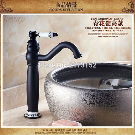 Free Shipping Tall Black Bronze Bathroom Faucet Black Painted Decorated With Ceramic Long Mouth Basin Sink Mixer Tap B-020 Black And Bronze Bathroom, Rubbed Bronze Bathroom, Antique Brass Bathroom, Oil Rubbed Bronze Bathroom, Basin Sink Bathroom, Black Faucet, Black Kitchen Faucets, Bathroom Sink Taps, Vessel Sink Faucet