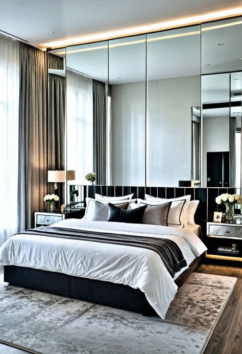 14 Mirror Over Headboard Ideas: Elevate Your Bedroom Decor » HomeDecorFull Mirrored Wall Bedroom, Mirror Over Headboard, Mirrors Above Bed, Above Bed Mirror, Mirror Panelling, Mirror Ceiling, Feature Wall Bedroom, Geometric Mirror, Mirror Headboard