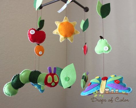 Baby Crib Mobile - Baby Mobile - Nursery Caterpillar Butterfly Mobile "Inspired by the Very Hungry Caterpillar" Mobile - Crib Mobile Caterpillar Nursery, Hungry Caterpillar Nursery, Felt Mobiles, Book Nursery, The Hungry Caterpillar, Butterfly Mobile, Diy Bebe, Felt Mobile, Baby Mobiles