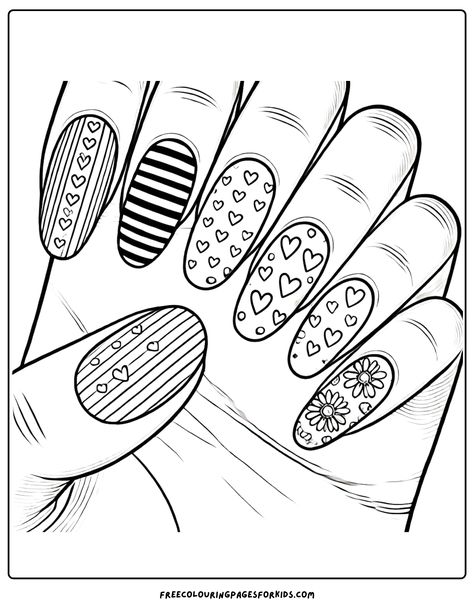 a Hand with Painted finger Nails coloring sheet Makeup Coloring Pages Free Printable, Nails Drawing Sketch, Nail Drawing Designs, Drawing Without Color, Nails Coloring Pages, Body Coloring Pages, Coloring Sketches, Girly Coloring Pages, Colouring In Sheets