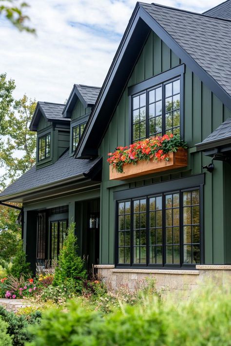 Upclose craftsman house in hunter green siding dark roof modern windows with flower boxes. Fall in love with the charming features, history, and designs that make Craftsman houses so wonderful. Sage Craftsman Exterior, Red Hardie Board House, Sage Board And Batten Siding, Exterior Paint Colors For House With Brick And Siding, Hunter Green Houses Exterior, Dark House Light Trim, Home Design Exterior Simple, Pacific Northwest Homes Exterior, Green House With Wood Shutters