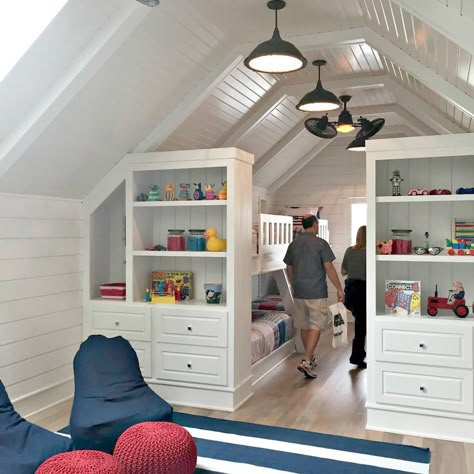 Attic Lounge Ideas, Bonus Room Ideas, Attic Lighting, Attic Bedroom Designs, Attic Playroom, Bunk Rooms, Small Attic, Attic Ideas, Attic Conversion