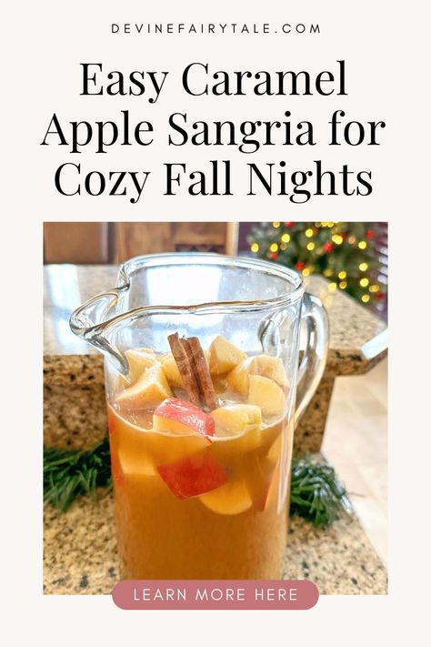 Cozy up with a Caramel Apple Sangria this fall! This easy-to-make cocktail features a delightful combination of caramel vodka, fresh apples, and a hint of cinnamon. Ideal for those chilly evenings, it’s a comforting and flavorful drink that’s sure to become a favorite for autumn nights and gatherings. Salted Caramel Sangria, Apple Cider Caramel Vodka Cocktail, Apple Caramel Sangria, Fall Party Drinks Alcohol, Carmel Apple Vodka Drink, Spiced Caramel Apple Punch, Fall Dessert Drinks, Apple Cider Carmel Vodka Fall Drinks, Apple Cider Sangria With Prosecco