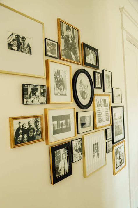 Photo Gallery Wall Different Frames, Over The Couch Gallery Wall, Gallery Wall Ideas Family Photos, Living Room Family Picture Wall, Family Wall Pictures Ideas, Gallery Wall Family Pictures, Family Photo Gallery Wall Ideas, Picture Frame Wall Collage, Family Photo Display Ideas