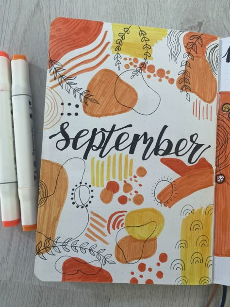 Jurnal Bullet Ideas September, October Sketchbook Ideas, September Monthly Spread Bullet Journal, September Dot Journal, Planner Ideas September, September White Board Ideas Aesthetic, September Bujo Cover Page, September Notebook Ideas, September Calander Theme