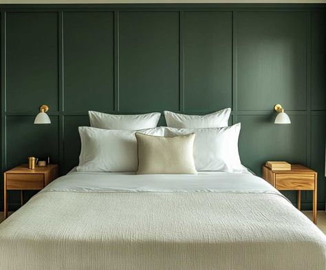 12 Bedroom Wall Panelling Ideas in Bold Green and White • 333+ Inspiring Lifestyle Ideas Bedroom Wall Panelling, Wall Panelling Ideas, Wall Behind Bed, Panelling Ideas, Panelled Walls, Low Platform Bed, White Wall Paneling, Living Room Panelling, Wooden Side Tables