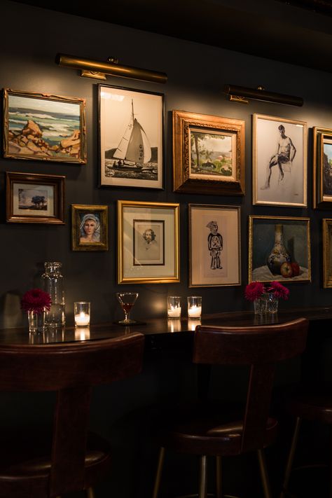 The Palladian | Interior Design - Seattle - Bar Wall Art #NICOLEHOLLIS Photo by Laure Joliet Speakeasy Gallery Wall, Patent Wall Art, Gallery Wall Basement, Gallery Wall Restaurant, Moody Bar Lounge, Pub Interior Design Modern, Speakeasy Artwork, Palladian Interior, Moody Bar Design