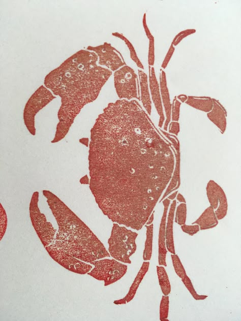 Crab Linocut, Crab Aesthetic, Linolium Printing, Crab Sketch, Crustaceans Art, Crab Drawing, Crab Illustration, Lino Ideas, Crab Painting