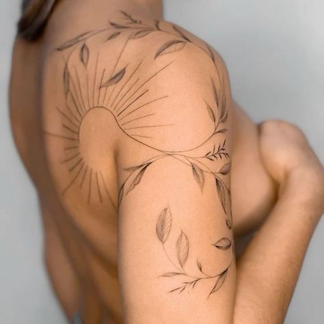 Thigh Plant Tattoo, Shoulder Sun Tattoo, Brown Ink Tattoo, Brown Tattoo Ink, Earthy Tattoos, Flower Tattoo Ideas, Tasteful Tattoos, Petite Tattoos, Shoulder Tattoos For Women