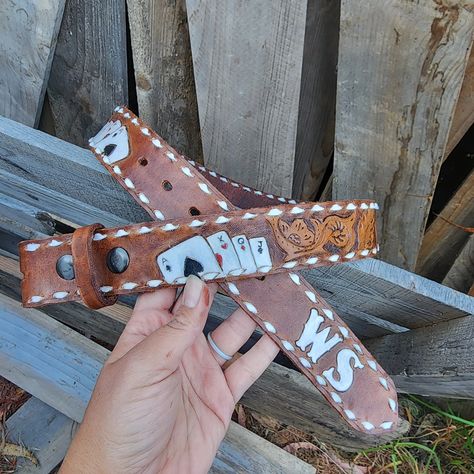 Custom belt #6 I really love how this one turned out. Might be my favorite 😍 ♤♡◇♧ Thank you @wesleystew005 for your order ◇ ◇ ◇ ◇ ◇ #leathertooling #leatherbelt #western #sheridan #deckofcards #western ##westernlifeandstyle Tooled Belt, Custom Leather Work, Leather Goodies, Leather Tool Belt, Casino Theme Party Decorations, Cowboy Stuff, Barrel Racing Tack, Leather Working Patterns, Tooled Leather Belts