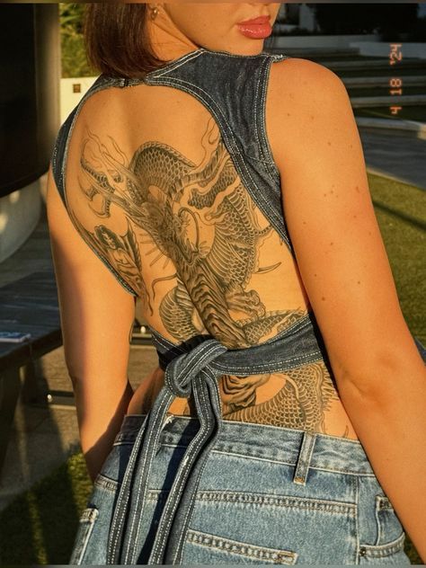 Womens Backpiece Tattoo, Woman Dragon Back Tattoo, Woman Full Back Tattoo Ideas, Back Tattoo Women Animals, Ram Back Tattoo, Back Piece Women Tattoo, Dragon Tiger Back Tattoo, Back Tattoo Mural, Artsy Back Tattoos