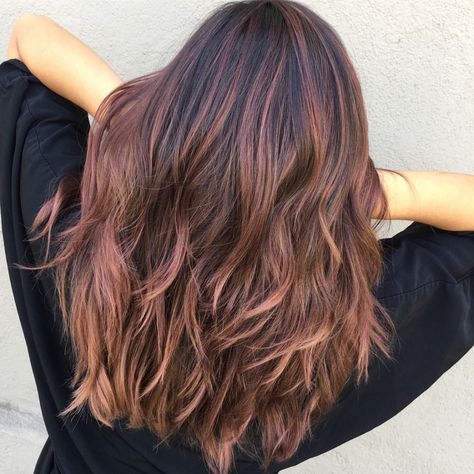 Dark Brown Hair With Rose Gold Balayage Subtle Rose Gold Balayage Brunette, Brown Hair With Pink Balayage, Rose Brown Balayage, Chocolate Rose Gold Hair, Rose Brown Hair, Balayage Hair Rose, Rose Gold Hair Brunette, Brilliant Brunette, Gold Balayage