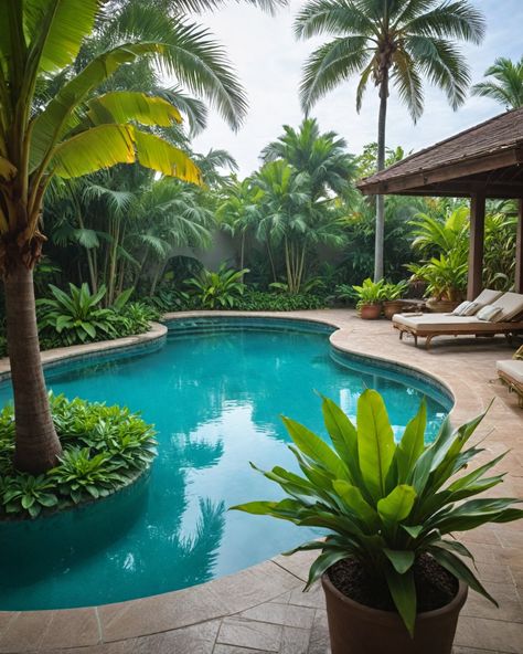 6 Best Trees To Plant Around Pools Palm Trees In Backyard, Trees Around Pool, Florida Pools, Plants Around Pool, Italian Cypress Trees, Tropical Pool Landscaping, Landscaping Around Pool, Pool Landscape Ideas, Balinese Garden