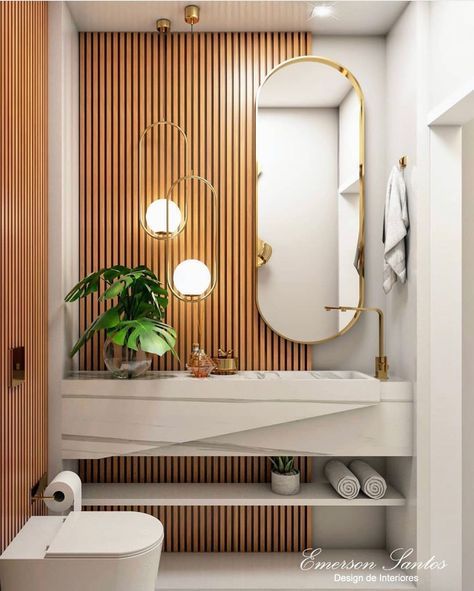 Wc Interior Design, Natural Wood Vanity, Bathroom Decor Wood, Rustic Bathroom Design, Modern Powder Rooms, Wood Wall Bathroom, Wooden Panelling, Japandi Interiors, Wood Slat Wall