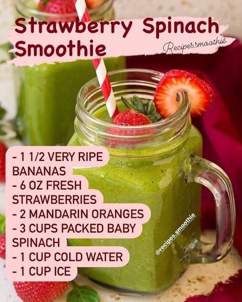 🤗 ❤️Today's Recipes. The easiest strawberry spinach green smoothie! Made with flavorful strawberries, bright mandarin oranges, nutritious baby spinach and sweet bananas. It’s a smoothie recipe you’ll have on repeat!🍓 - Ingredients * 1 1/2 very ripe bananas, peeled, diced and frozen * 6 oz fresh strawberries, hulled (about 9 medium) * 2 mandarin oranges, peeled and halved * 3 cups packed baby spinach * 1 cup cold water * 1 cup ice 💡 TIP: I recommend baby spinach (not the full grown regular) ... Strawberry Spinach Salad, Frozen 6, Strawberry Spinach, Meal Plan Ideas, Spinach Strawberry Salad, Mandarin Oranges, Easy Strawberry, Ripe Bananas, Healthy Snacks Easy