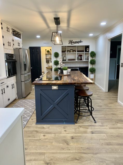 Kitchen Ideas With Butcher Block Island, Farmhouse Kitchen With Different Color Island, Butcher Kitchen Island, Kitchen Remodel Butcher Block Island, Modern Farmhouse Butcher Block Island, Butcher Island Kitchen, Kitchen Ideas Industrial Farmhouse, Butcher Block Island With Stove, Navy Blue Kitchen Island With Butcher Block Top