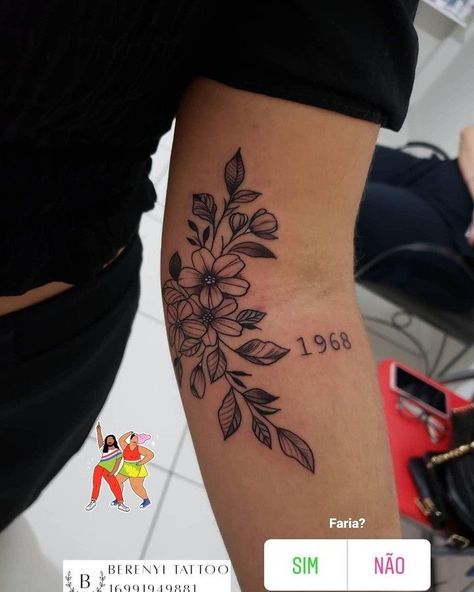 Small Tattoos That Mean Something, Flowers And Numbers Tattoo, Tiny Guy Tattoos, Name Tattoo For Women Arm, Hummingbird Tattoo Designs For Women, Peony Memorial Tattoo, Fixed Tattoos Before And After, Bend Of Arm Tattoos For Women, Women's Arm Tattoos