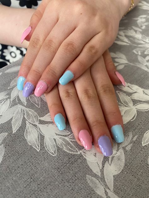 Pastel pink, Pastel blue, Pastel purple nail polish Pink And Blue Gel Nails Short, Light Pink And Light Purple Nails, Pastel Purple And Blue Nails, Light Blue And Purple Nails, Purple And Blue Nails Ideas, Pink Blue And Purple Nails, Pastel Pink And Blue Nails, Pink Purple Blue Nails, Light Blue And Pink Nails