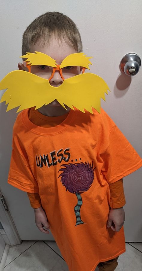 Lorax DIY Crafty Dr. Seuss Costume Dress Up Lorax Mustache Diy, Lorax Shirt, Dr Seuss Tree, Mustache Diy, Lorax Costume, Book Parade, Halloween Valentines Day, Seuss Crafts, Color Day