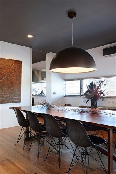 Dark Grey Dining Room, Dark Ceilings, Grand Designs Australia, Low Ceiling Basement, Ceiling Color, Painted Ceilings, Dark Ceiling, Grey Ceiling, Dark Grey Walls