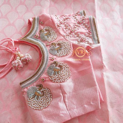 Pink Blouse Aari Designs, Peach Blouse Maggam Work Designs, Latest Pearl Work Blouse Designs, Maggam Work With Pearls, Beads Work For Blouse, Peach Color Blouse Designs, Baby Pink Maggam Work Blouses, Pearls Maggam Work Designs, Pastel Pink Aari Work Blouse