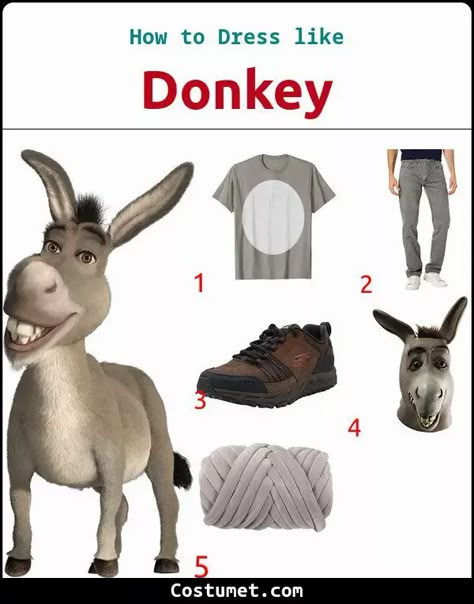 Donkey (Shrek) Costume Diy Donkey Costume Shrek, Shrek Donkey Costume, Spirit Week Costumes, Donkey Mask, Donkey Costume, Shrek Jr, Shrek Donkey, Shrek Costume, Best Costumes