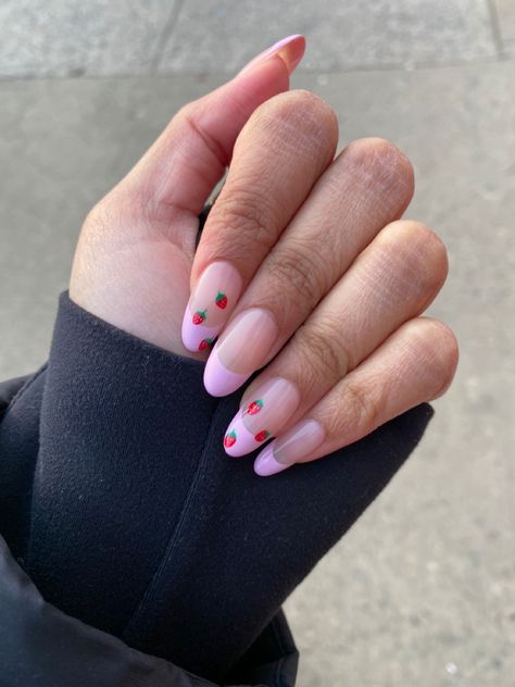 Pink French Tip Nails With Strawberries, Red French Tip Nails Strawberry, Pink And Red Strawberry Nails, French Tip With Strawberries Nails, Strawberry Nails Acrylic Short, Nail Inspo Strawberry, Strawberry Nails Acrylic Almond, Pink Nails With Strawberries, Strawberry French Nails