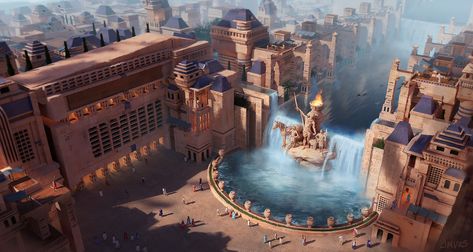 Fantasy Egyptian City, Roman City Fantasy Art, Roman Fantasy City, Fantasy Mediterranean City, Roman Fantasy Art, Desert City Fantasy Art, Roman Egypt, Egyptian City, Egypt Concept Art