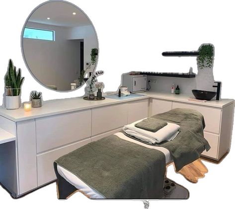 Esthetician Room Set Up Ideas, Beauty Spa Interior Design Ideas, Home Pmu Studio, Esthetician Spa Decor, In Home Facial Room, Spa Plants Decor, Esthetician Shelf Decor, Esthetician Selfie Wall, Salon Interior Design Facial Room