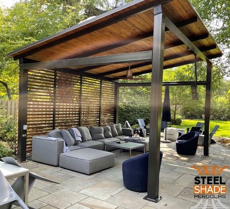 CUSTOM 14'X15'X4 POST, STRAIGHT JOIST, PITCHED ROOF, CURTAIN ROD, FAN MOUNT, CEDAR SHADE BAR BACK SCREENING, 2'X6" TOUNGE AND GROOVE ROOF DECKING Sun Shade Pergola, Cantaleavered Pergola, Modern Outdoor Pergola, Free Standing Pergola Over Patio, Patio With Roof Ideas, Gazebo With Pergola Attached, Covered Patio Privacy Ideas, Covered Pergola Ideas Backyard, Pergola With Wall