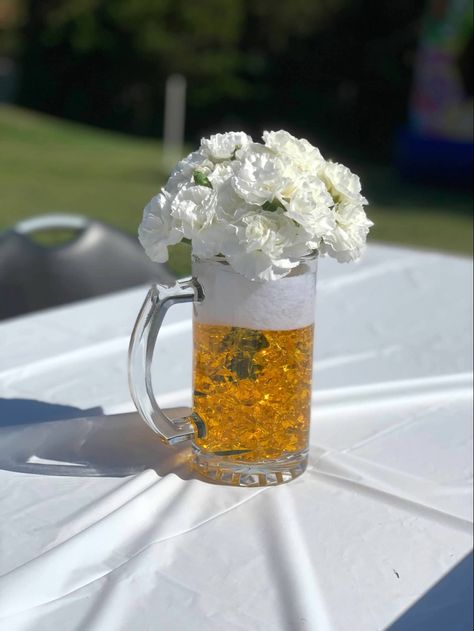 Beer Theme Birthday Party, Beer Display Ideas Party, Dads 60th Birthday Ideas Party Themes, Cheers And Beers Dessert Table, Beer Themed Party Ideas, 30th Beer Birthday Party, 30th Birthday Brewery Party, Beer Stein Centerpiece, 40th Bbq Birthday Ideas For Men