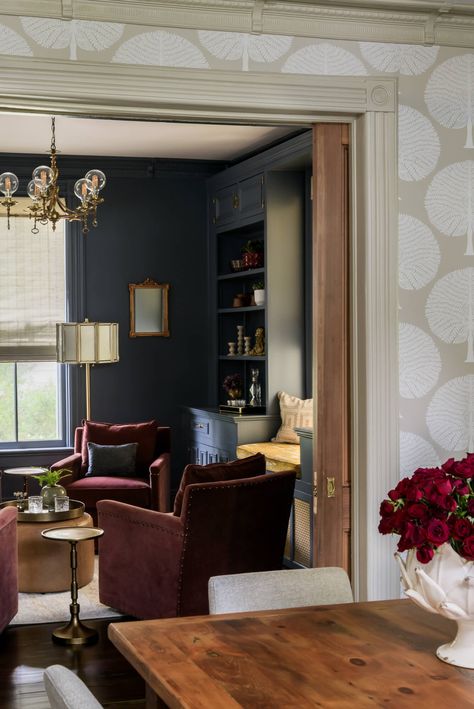 Feminine dining room looking into masculine sitting room in Wesfield, NJ. Victorian Terrace Dining Room, Feminine Dining Room, Modern Victorian Dining Room, Terrace Dining Room, Modern Victorian Home, Victorian Dining Room, Terrace Dining, Dining Room Victorian, Dining Room Fireplace