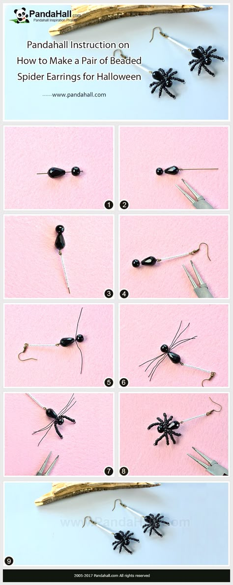 Pandahall DIY Idea on Beaded Spider Earrings for Halloween As the Halloween is approaching, Do you wana make distinctive earrings for Halloween? Today’s project is a pair of beaded spider earrings made with black beads mainly. Just follow me to have a look! #diy #tutorial #pandahall #pandahalldiy #earrings #Halloween #spider Bead Spider Tutorial, Spider Beads Diy, Beaded Spider Earrings, Bead Spider, Spider Jewelry, Beaded Spiders, Spider Earrings, Halloween Beads, Wire Jewelry Designs