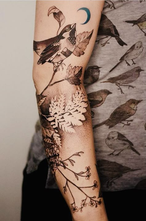 Black And White Tattoo With Pop Of Color, A Bird Tattoo, Botanisches Tattoo, Illustrative Tattoo, Inspiration Tattoos, Botanical Tattoo, Modern Tattoos, Bird Tattoo, Awesome Tattoos