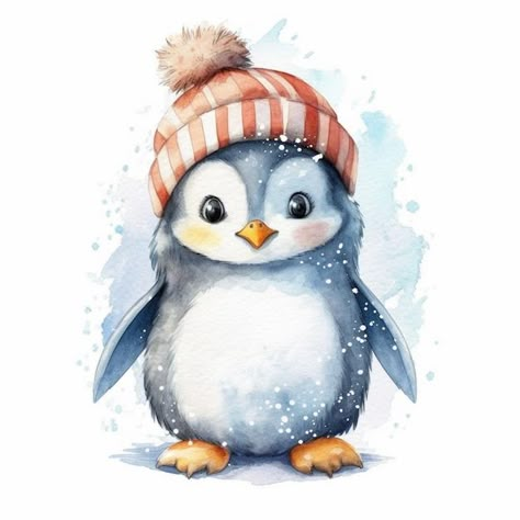 New Years Watercolor, Winter Drawings Christmas, Penguin Christmas, Penguin Painting, Christmas Hat Clipart, Penguin Watercolor, Penguin Clipart, Penguin Drawing, Penguin Art