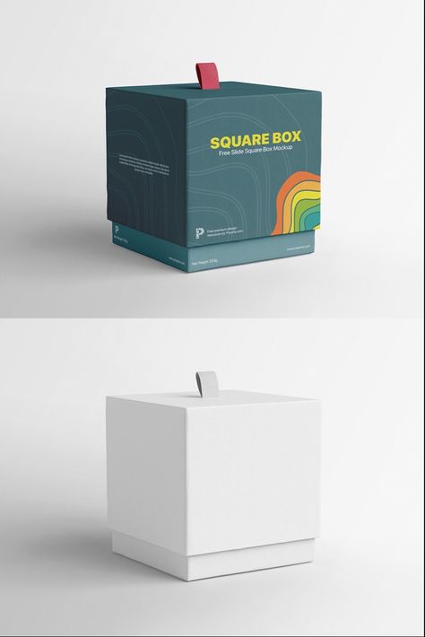 If you are working on a packaging project and the package shape is square, then today’s free mockup is the best one for your presentation. Free Slide Square Box mockup features a beautiful gift box that has a ribbon on the top of the lid for easy opening. With an amazing perspective view, this free square sleeve box allows you to showcase your design from three different angles. #freemockup #slidebox #squarebox #paperbox #psdmockup #boxmockup #branding #packaging #design #print Printed Boxes Packaging, Square Box Packaging Design, Box Mockup Design, Paper Box Packaging Design, Custom Box Design, Square Packaging Design, Slide Box Packaging, Slide Packaging, Creative Box Design