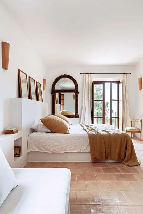 Saltillo Tile Bedroom, Mallorca Bedroom, Mediterranean Bedroom Design, Modern Mediterranean Bedroom, Spanish Bedroom, Mediterranean Bedroom, Tile Bedroom, Spanish Interior, Mediterranean Interior Design